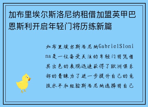 加布里埃尔斯洛尼纳租借加盟英甲巴恩斯利开启年轻门将历练新篇